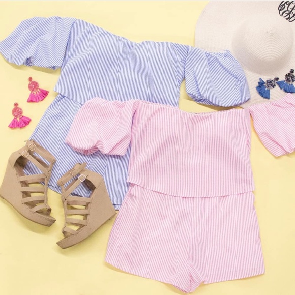 Pink Lily Off The Shoulder Striped Blue Romper - Picture 4 of 4